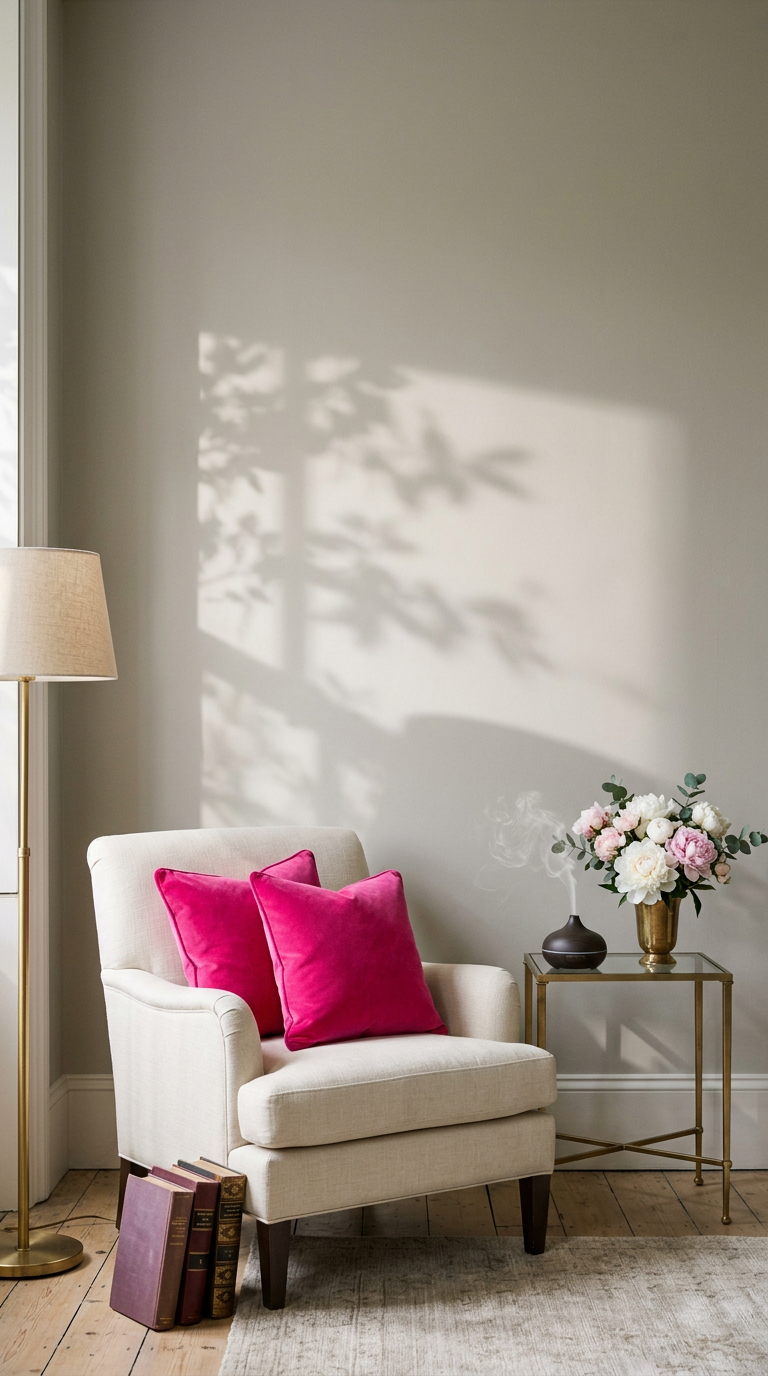 A sophisticated greige sitting room with hot pink velvet pillows, an aromatherapy diffuser with soft smoke, cream seating, brass accents, peonies and gentle window light