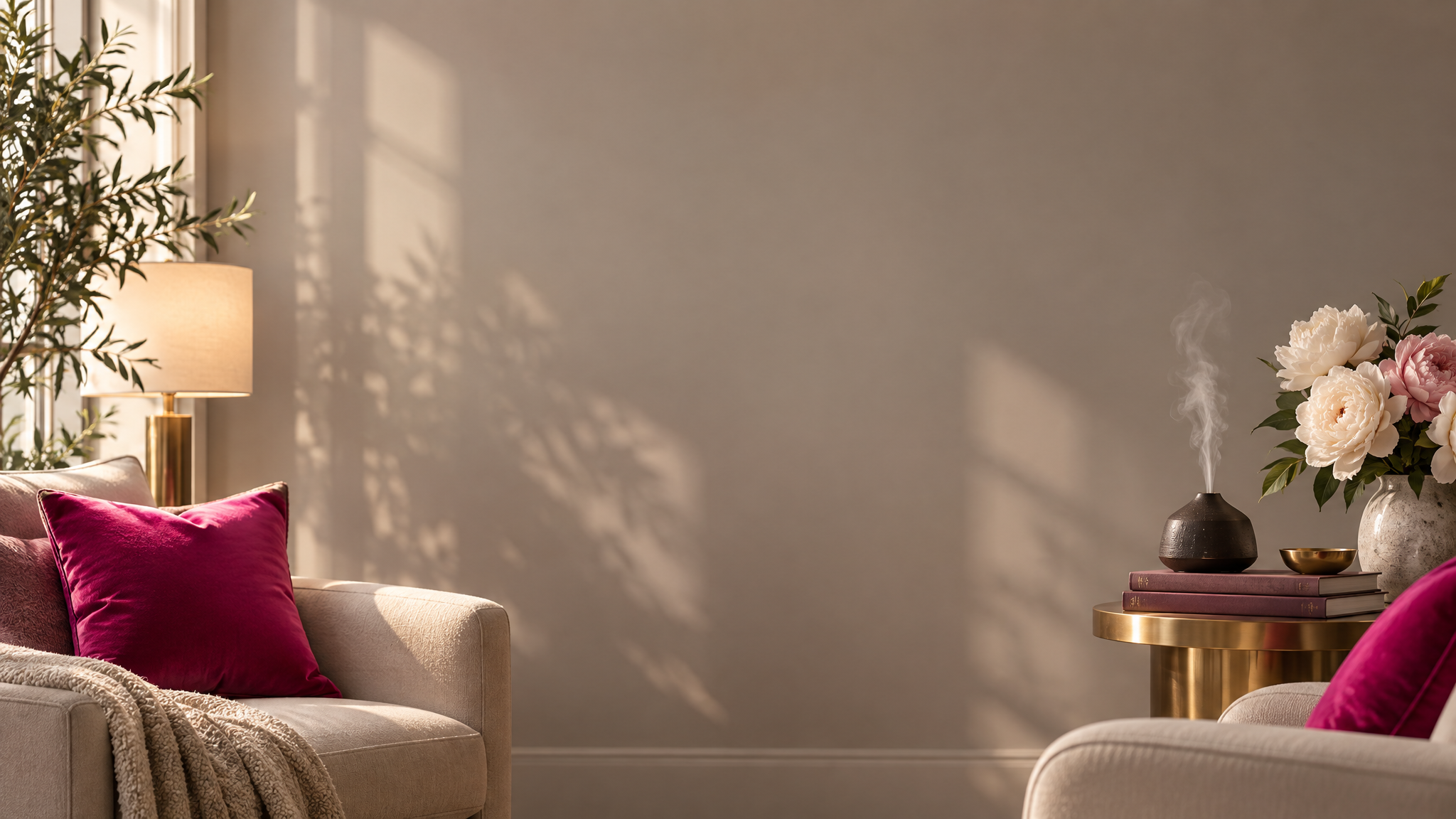 A sophisticated greige sitting room with hot pink velvet pillows, an aromatherapy diffuser with soft smoke, cream seating, brass accents, peonies and gentle window light